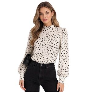 SHEIN Puff Sleeve Blouse Women’s Med Champagne & Black Mick Neck Animal Print